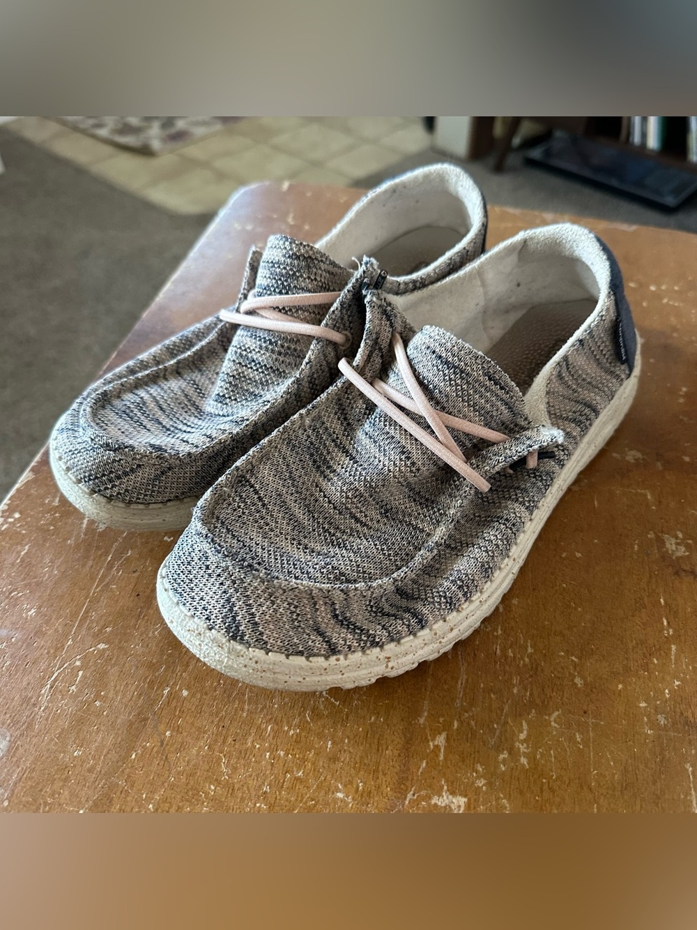 Hey Dude Women's Gray Knit Slip-On Sneakers with Light Pink Laces